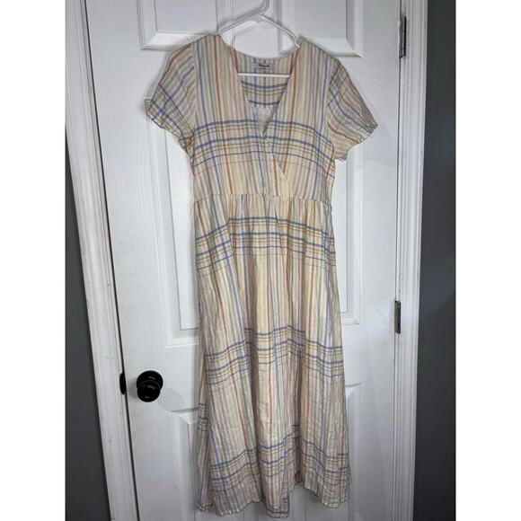 WOMEN'S CLARA PLAID LINEN BLEND MIDI DRESS IN MULTI STRIPE EMBROIDERY XS - Picture 2 of 5
